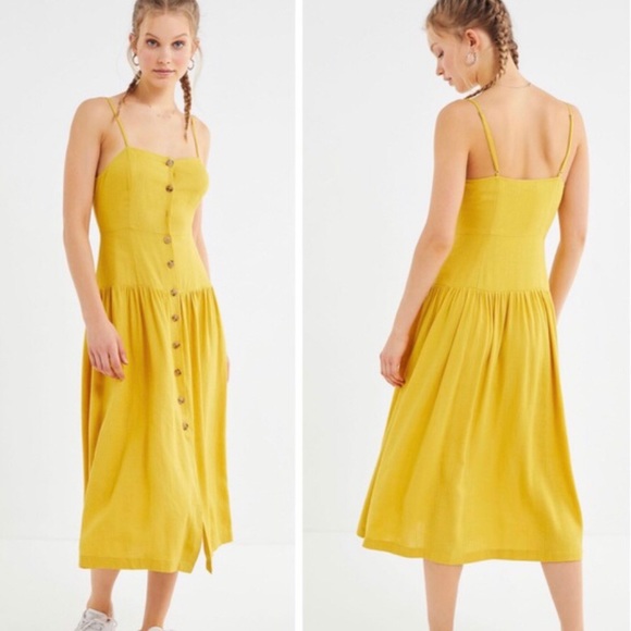 Urban Outfitters Linen Button-Down Drop Waist Pleated Skirt Midi Dress Mustard - Picture 16 of 16